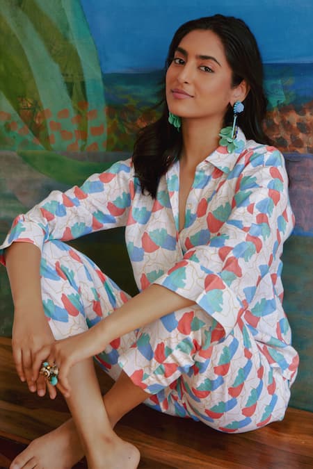 Shop Tara And I Multi Color Tencel, Linen Collared Faraway Floral Print Shirt And Pant Set Online at Aza Fashions Shop_Tara And I_Multi Color Tencel, Linen Collared Faraway Floral Print Shirt And Pant Set_Online_at_Aza_Fashions