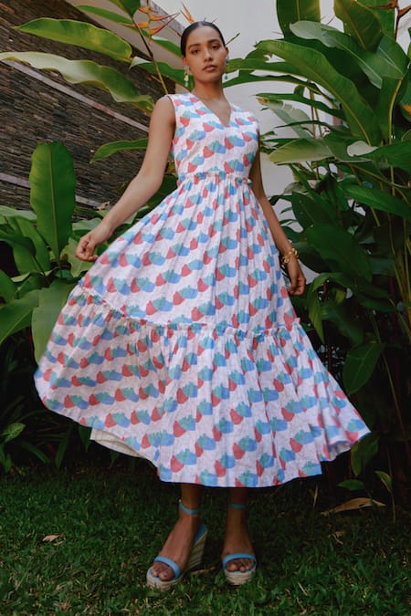 tara and i Multi Color Tencel Linen Printed Floral V Faraway Tiered Dress