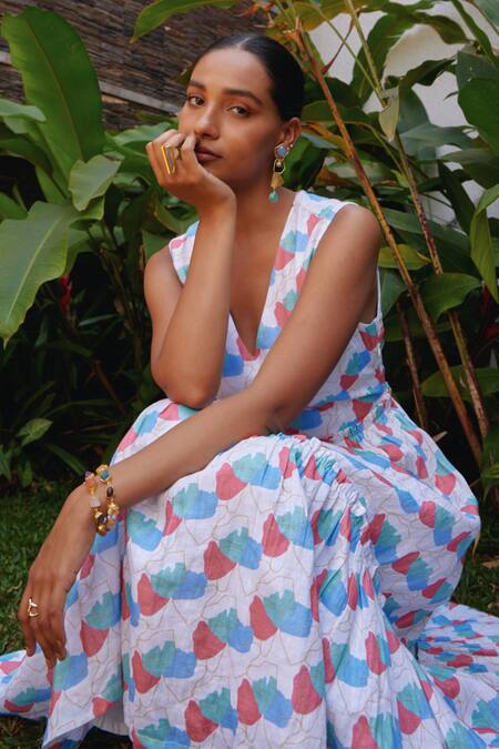 Tara And I_Multi Color Tencel, Linen V-neck Faraway Floral Print Tiered Dress_Online_at_Aza_Fashions