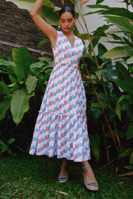 Buy_Tara And I_Multi Color Tencel, Linen V-neck Faraway Floral Print Tiered Dress_Online_at_Aza_Fashions