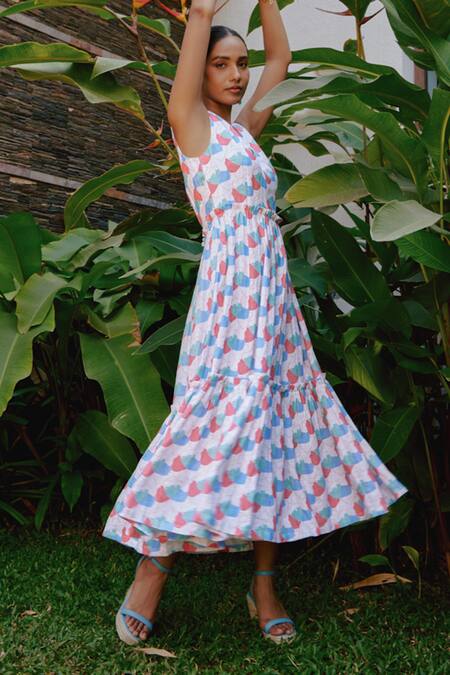 Shop_Tara And I_Multi Color Tencel, Linen V-neck Faraway Floral Print Tiered Dress_Online_at_Aza_Fashions