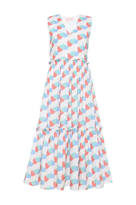 Tara And I_Multi Color Tencel, Linen V-neck Faraway Floral Print Tiered Dress_at_Aza_Fashions