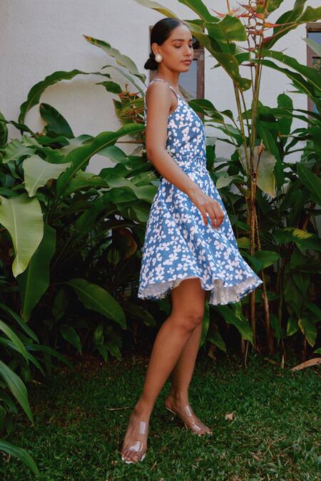 Buy_Tara And I_Blue Tencel, Linen Square Neck Bloom Print Dress_Online_at_Aza_Fashions