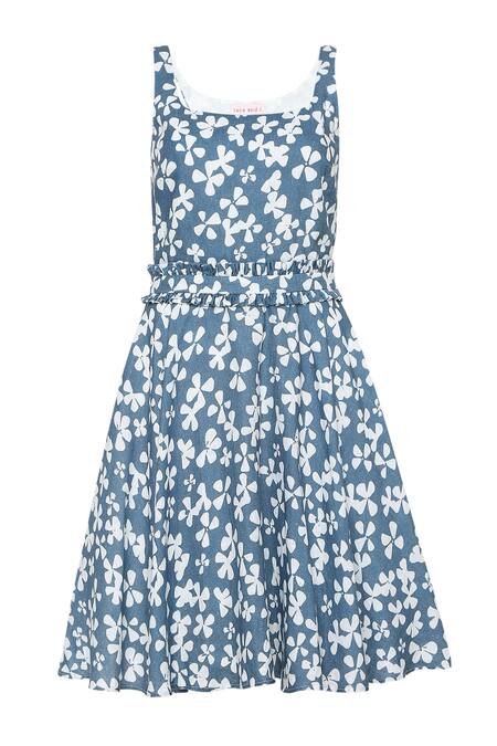 Shop_Tara And I_Blue Tencel, Linen Square Neck Bloom Print Dress_Online_at_Aza_Fashions