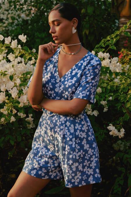 Tara And I_Blue Tencel, Linen V-neck Bloom Print Playsuit_Online_at_Aza_Fashions