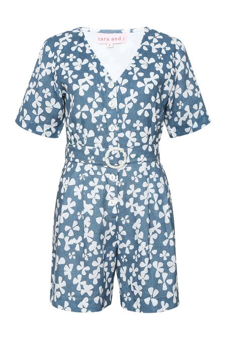 Buy_Tara And I_Blue Tencel, Linen V-neck Bloom Print Playsuit_Online_at_Aza_Fashions