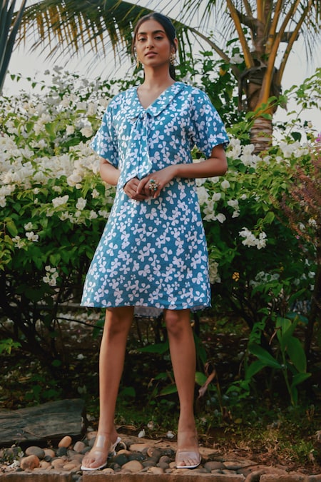 tara and i Green Tencel Linen Printed Bloom Peter Pan Collar Dress