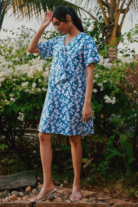Tara And I_Green Tencel, Linen Polo Collar Bloom Print Dress_Online_at_Aza_Fashions
