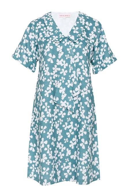 Buy_Tara And I_Green Tencel, Linen Polo Collar Bloom Print Dress_Online_at_Aza_Fashions