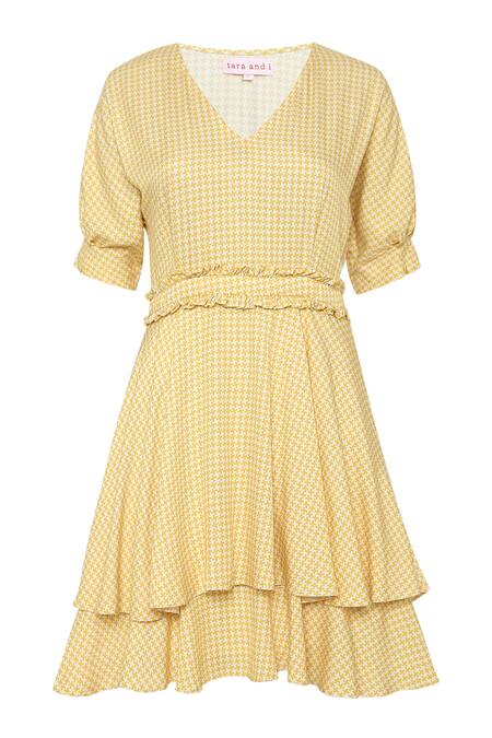 Buy Tara And I Yellow Modal Ruffles V-neck Hounstooth Print Tiered Dress Online at Aza Fashions Buy_Tara And I_Yellow Modal Ruffles V-neck Hounstooth Print Tiered Dress_Online_at_Aza_Fashions