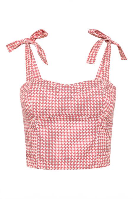 Shop_Tara And I_Red Cotton Bows Sweetheart Neck Houndstooth Print Bustier_Online_at_Aza_Fashions