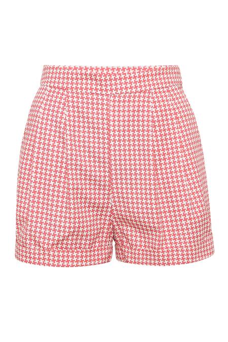Shop_Tara And I_Red Cotton Houndstooth Print Shorts_Online_at_Aza_Fashions