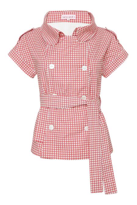 Shop Tara And I Red Cotton Collared Houndstooth Print Shacket Online at Aza Fashions Shop_Tara And I_Red Cotton Collared Houndstooth Print Shacket_Online_at_Aza_Fashions