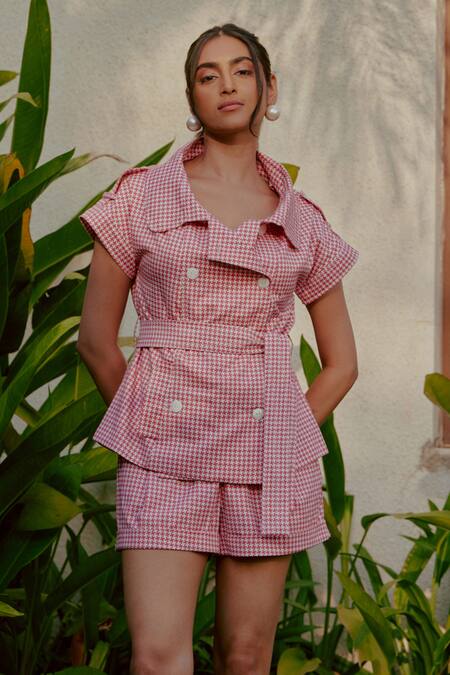 Shop Tara And I Red Cotton Collared Houndstooth Print Shacket And Shorts Set Online at Aza Fashions Shop_Tara And I_Red Cotton Collared Houndstooth Print Shacket And Shorts Set_Online_at_Aza_Fashions