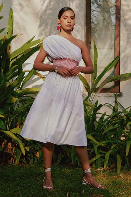 tara and i White Cotton Lawn Plain Asymmetric Colorblock One Shoulder Smocked Dress