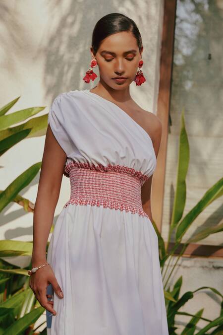 Tara And I White Cotton Asymmetric Colorblock One Shoulder Smocked Dress Online at Aza Fashions Tara And I_White Cotton Asymmetric Colorblock One Shoulder Smocked Dress_Online_at_Aza_Fashions