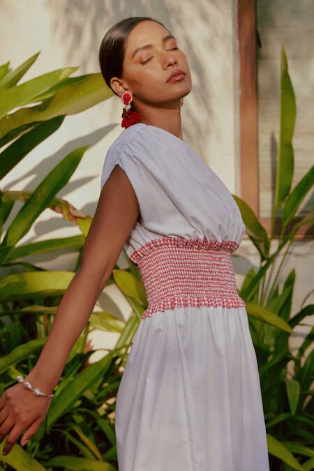 Buy Tara And I White Cotton Asymmetric Colorblock One Shoulder Smocked Dress Online at Aza Fashions Buy_Tara And I_White Cotton Asymmetric Colorblock One Shoulder Smocked Dress_Online_at_Aza_Fashions