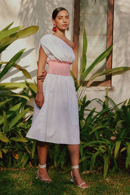 Shop Tara And I White Cotton Asymmetric Colorblock One Shoulder Smocked Dress Online at Aza Fashions Shop_Tara And I_White Cotton Asymmetric Colorblock One Shoulder Smocked Dress_Online_at_Aza_Fashions