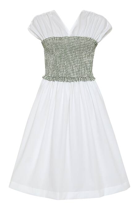 Shop Tara And I White Cotton V-neck Colorblock Smocked Dress Online at Aza Fashions Shop_Tara And I_White Cotton V-neck Colorblock Smocked Dress_Online_at_Aza_Fashions