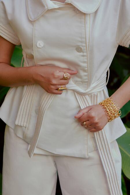 Tara And I White Denim Collared Shacket With Belt Online at Aza Fashions Tara And I_White Denim Collared Shacket With Belt_Online_at_Aza_Fashions