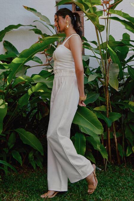 Tara And I_White Denim Button-down Neck Sleeveless Bustier_Online_at_Aza_Fashions