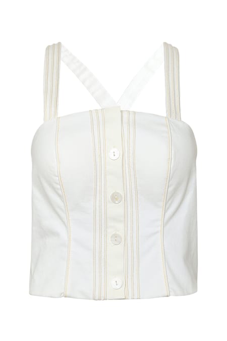 Buy_Tara And I_White Denim Button-down Neck Sleeveless Bustier_Online_at_Aza_Fashions