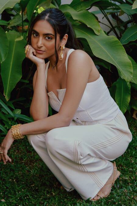 Shop_Tara And I_White Denim Split V-neck Sleeveless Bustier And Paper Bag Pant Set_Online_at_Aza_Fashions