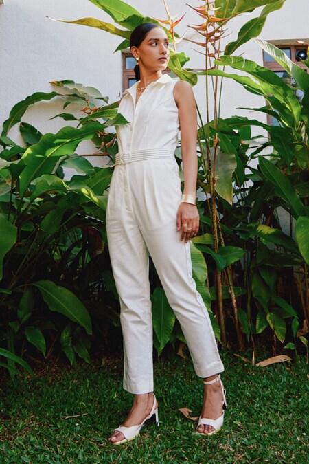 tara and i White Denim Plain Collar Sleeveless Jumpsuit