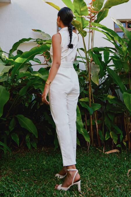 Shop_Tara And I_White Denim Collared Sleeveless Jumpsuit _at_Aza_Fashions
