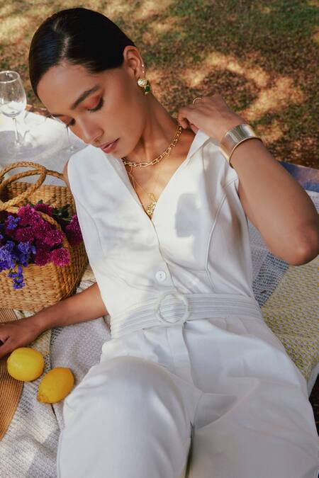 Tara And I_White Denim Collared Sleeveless Jumpsuit _Online_at_Aza_Fashions