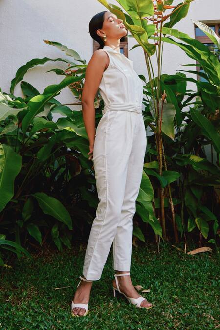 Shop_Tara And I_White Denim Collared Sleeveless Jumpsuit _Online_at_Aza_Fashions