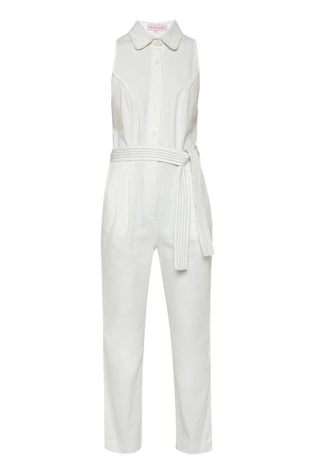 Tara And I_White Denim Collared Sleeveless Jumpsuit _at_Aza_Fashions