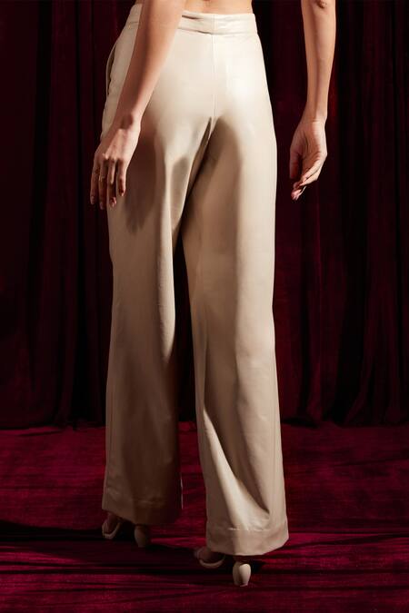 Tara And I_Beige Faux Leather Plain Straight Fit Trouser_Online_at_Aza_Fashions