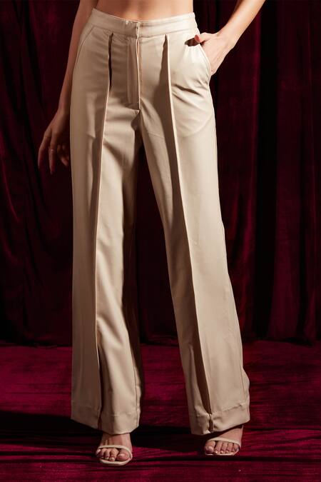 Buy_Tara And I_Beige Faux Leather Plain Straight Fit Trouser_Online_at_Aza_Fashions