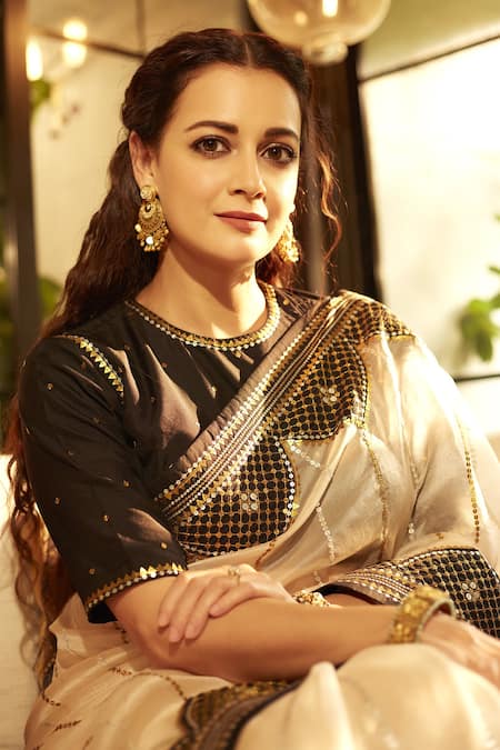 Shop_Priyal Prakash_Beige Silk Organza, Polyester Sequins, Colorblock Embroidered Saree With Blouse 