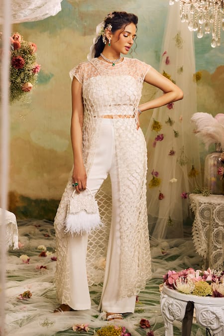 Studio22 by Pulkita Arora Bajaj Cutwork Tassel Embroidered Overlay Trouser Set 