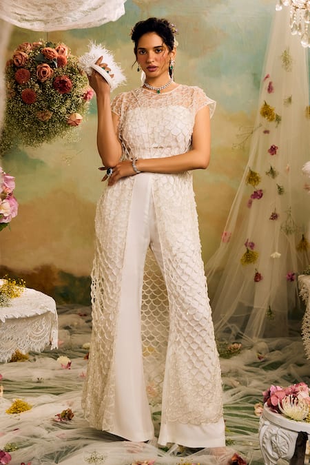 Buy_Studio22 By Pulkita Arora Bajaj_White Organza, Georgette Tassels Round Cutwork Embroidered Overlay Trouser Set _Online_at_Aza_Fashions