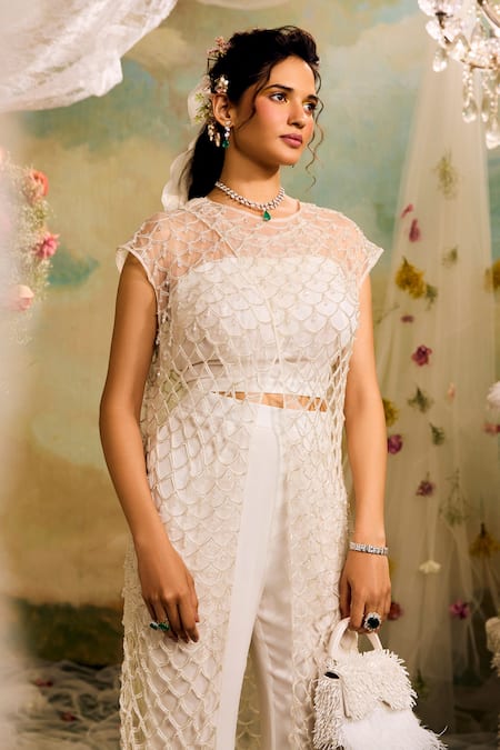 Studio22 By Pulkita Arora Bajaj_White Organza, Georgette Tassels Round Cutwork Embroidered Overlay Trouser Set _at_Aza_Fashions