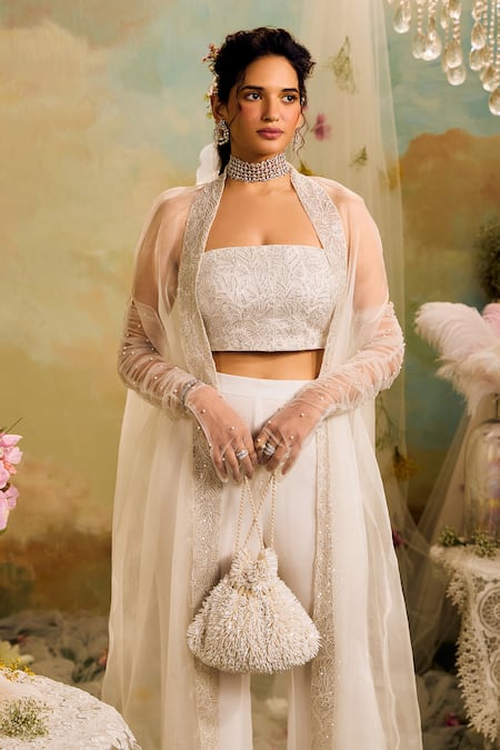 Buy Studio22 By Pulkita Arora Bajaj White Organza, Crepe Embroidery Square Neck Cape Trouser Set Online at Aza Fashions Buy_Studio22 By Pulkita Arora Bajaj_White Organza, Crepe Embroidery Square Neck Cape Trouser Set _Online_at_Aza_Fashions