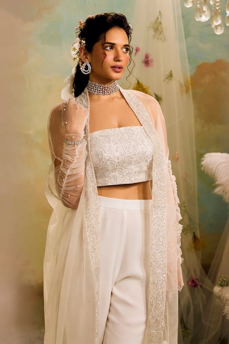 Shop Studio22 By Pulkita Arora Bajaj White Organza, Crepe Embroidery Square Neck Cape Trouser Set Online at Aza Fashions Shop_Studio22 By Pulkita Arora Bajaj_White Organza, Crepe Embroidery Square Neck Cape Trouser Set _Online_at_Aza_Fashions