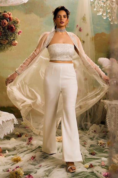 Studio22 By Pulkita Arora Bajaj White Organza, Crepe Embroidery Square Neck Cape Trouser Set at Aza Fashions Studio22 By Pulkita Arora Bajaj_White Organza, Crepe Embroidery Square Neck Cape Trouser Set _at_Aza_Fashions