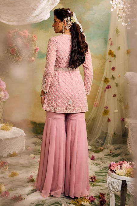 Shop Studio22 By Pulkita Arora Bajaj Pink Georgette Pearls V-neck Embroidered Peplum Top Gharara Set at Aza Fashions Shop_Studio22 By Pulkita Arora Bajaj_Pink Georgette Pearls V-neck Embroidered Peplum Top Gharara Set _at_Aza_Fashions