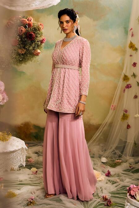 Studio22 By Pulkita Arora Bajaj Pink Georgette Pearls V-neck Embroidered Peplum Top Gharara Set Online at Aza Fashions Studio22 By Pulkita Arora Bajaj_Pink Georgette Pearls V-neck Embroidered Peplum Top Gharara Set _Online_at_Aza_Fashions