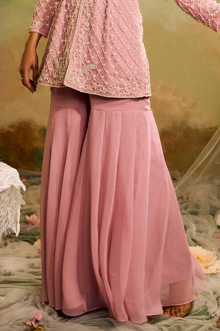 Buy Studio22 By Pulkita Arora Bajaj Pink Georgette Pearls V-neck Embroidered Peplum Top Gharara Set Online at Aza Fashions Buy_Studio22 By Pulkita Arora Bajaj_Pink Georgette Pearls V-neck Embroidered Peplum Top Gharara Set _Online_at_Aza_Fashions