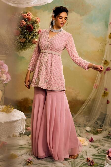 Shop Studio22 By Pulkita Arora Bajaj Pink Georgette Pearls V-neck Embroidered Peplum Top Gharara Set Online at Aza Fashions Shop_Studio22 By Pulkita Arora Bajaj_Pink Georgette Pearls V-neck Embroidered Peplum Top Gharara Set _Online_at_Aza_Fashions