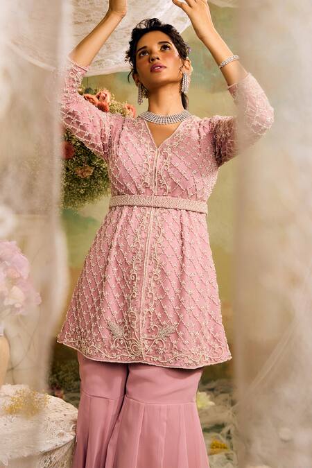 Studio22 By Pulkita Arora Bajaj Pink Georgette Pearls V-neck Embroidered Peplum Top Gharara Set at Aza Fashions Studio22 By Pulkita Arora Bajaj_Pink Georgette Pearls V-neck Embroidered Peplum Top Gharara Set _at_Aza_Fashions