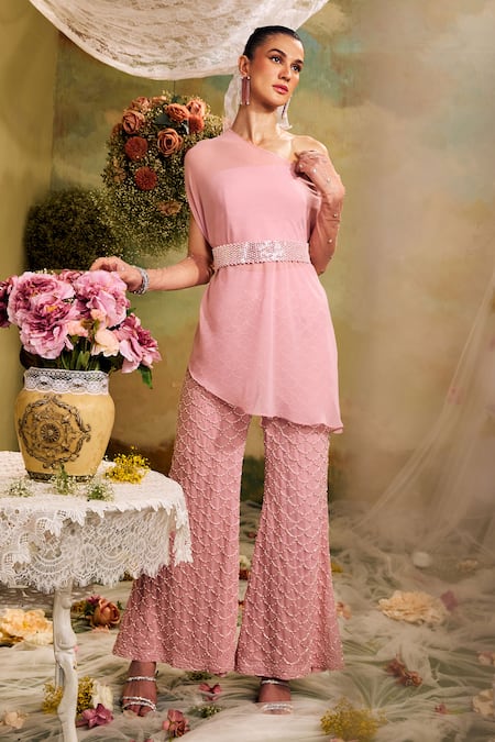 Studio22 by Pulkita Arora Bajaj Pink Georgette Embroidered Pearl One-shoulder Top Flared Pant Set 