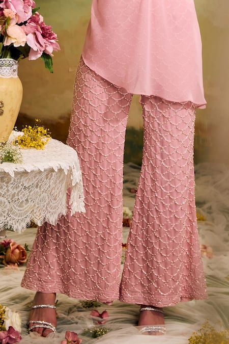 Studio22 By Pulkita Arora Bajaj Pink Georgette Pearls One Shoulder Top Embroidered Flared Pant Set Online at Aza Fashions Studio22 By Pulkita Arora Bajaj_Pink Georgette Pearls One Shoulder Top Embroidered Flared Pant Set _Online_at_Aza_Fashions