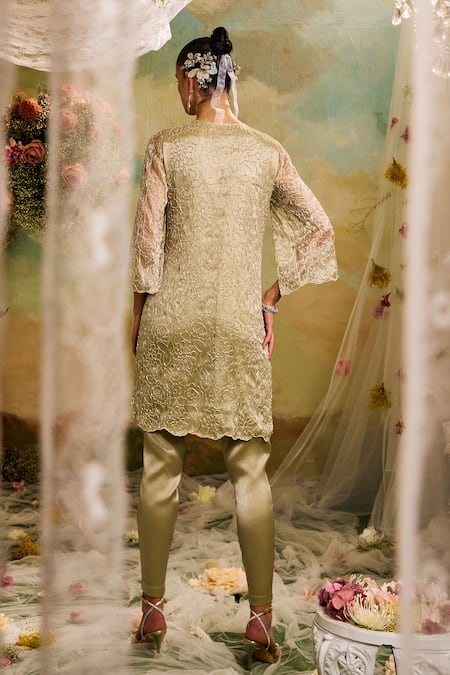 Shop Studio22 By Pulkita Arora Bajaj Green Organza, Chiffon Cut Work Round Neck Cutdana Embroidered Kurta And Pant Set at Aza Fashions Shop_Studio22 By Pulkita Arora Bajaj_Green Organza, Chiffon Cut Work Round Neck Cutdana Embroidered Kurta And Pant Set _at_Aza_Fashions