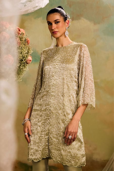 Shop Studio22 By Pulkita Arora Bajaj Green Organza, Chiffon Cut Work Round Neck Cutdana Embroidered Kurta And Pant Set Online at Aza Fashions Shop_Studio22 By Pulkita Arora Bajaj_Green Organza, Chiffon Cut Work Round Neck Cutdana Embroidered Kurta And Pant Set _Online_at_Aza_Fashions